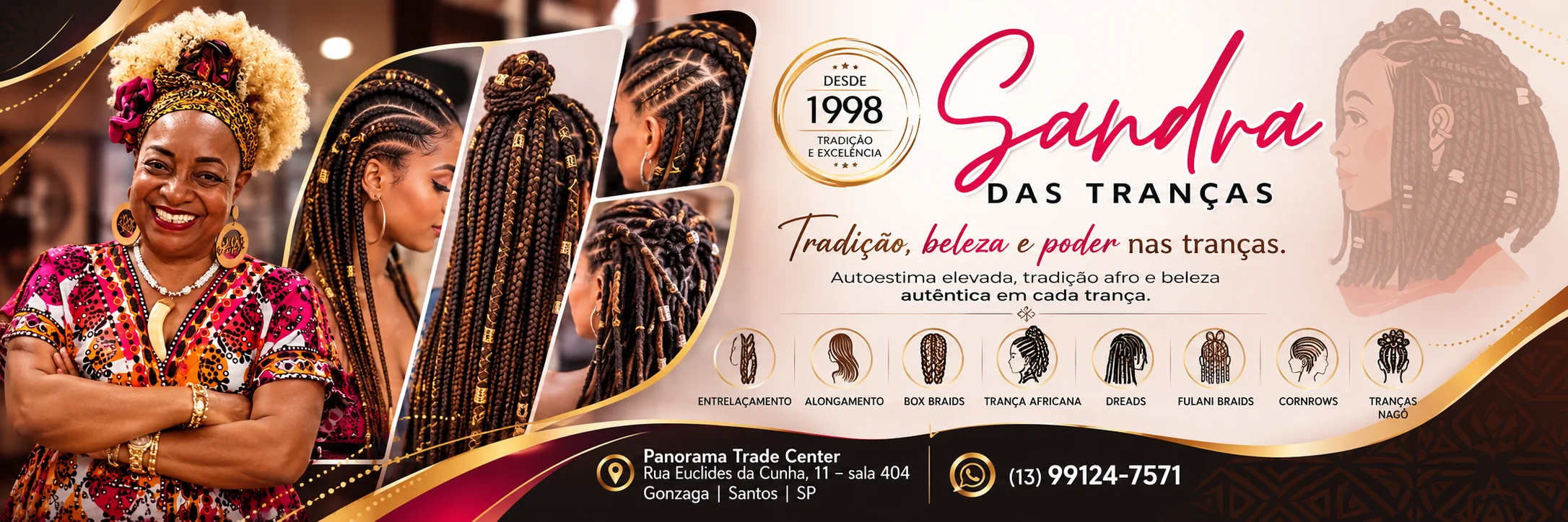Banner desktop Sandra das Tranças com identidade visual da marca